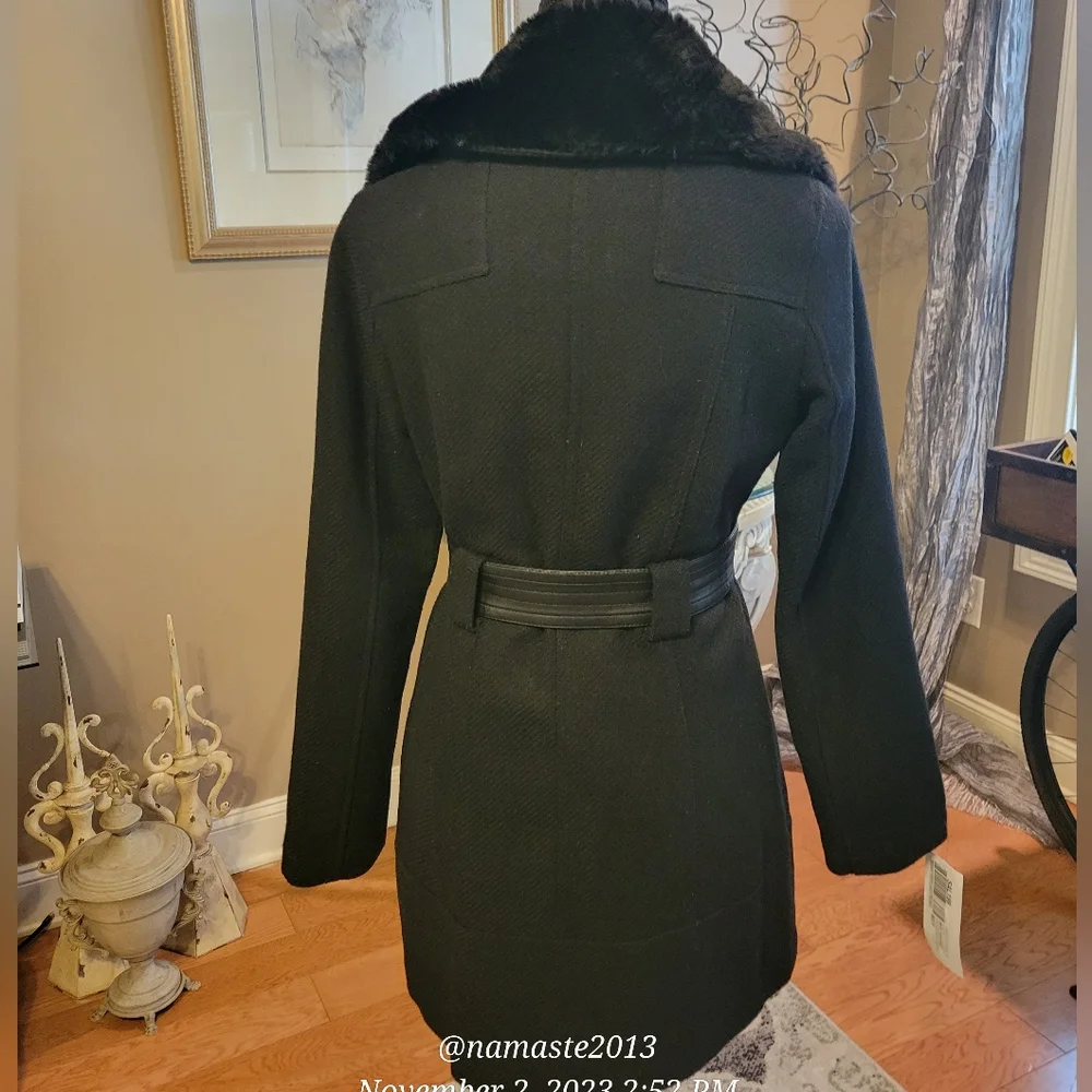 Guess Wool Blend Pea Coat Faux Fur Collar Leather Belt Studded Black Small #613 - Picture 6 of 14